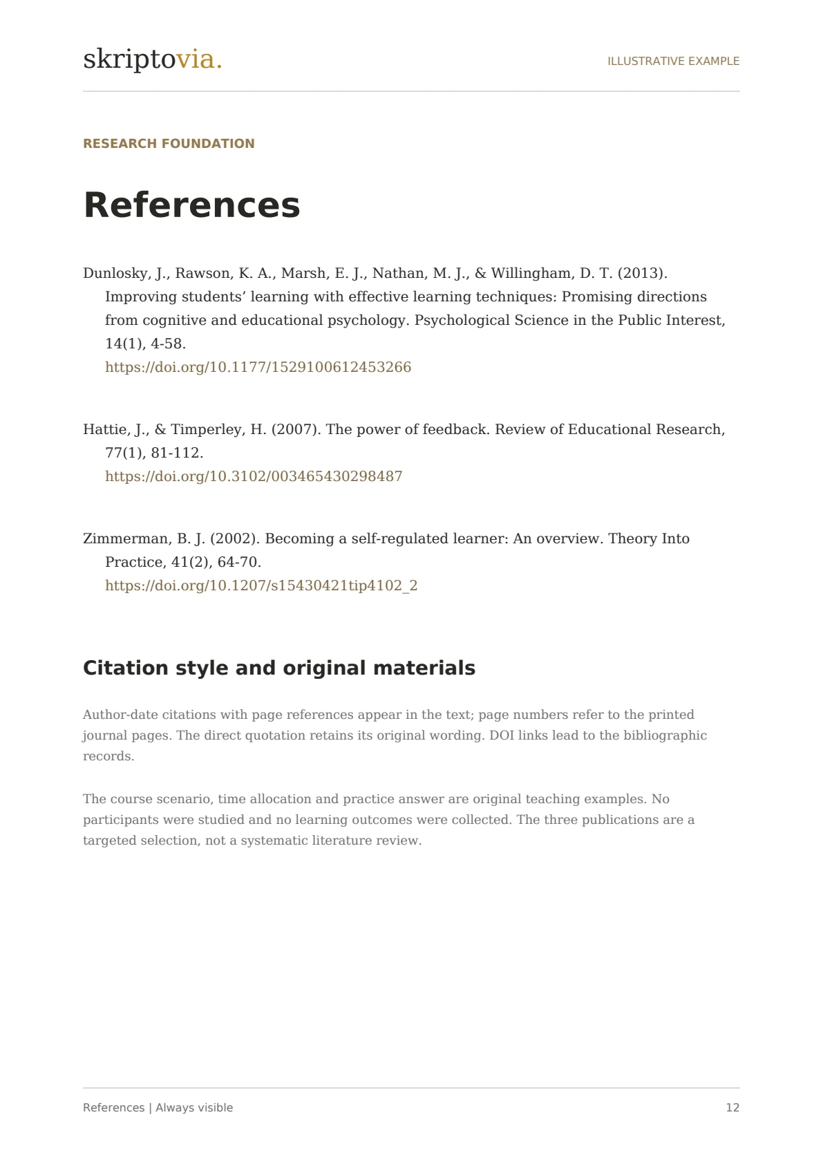 Reference list from the sample paper with three academic sources
